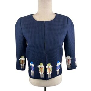 RMO & JUL Navy Blue Nutcracker Embroidered Waffle Knit Cropped Jacket Size Small